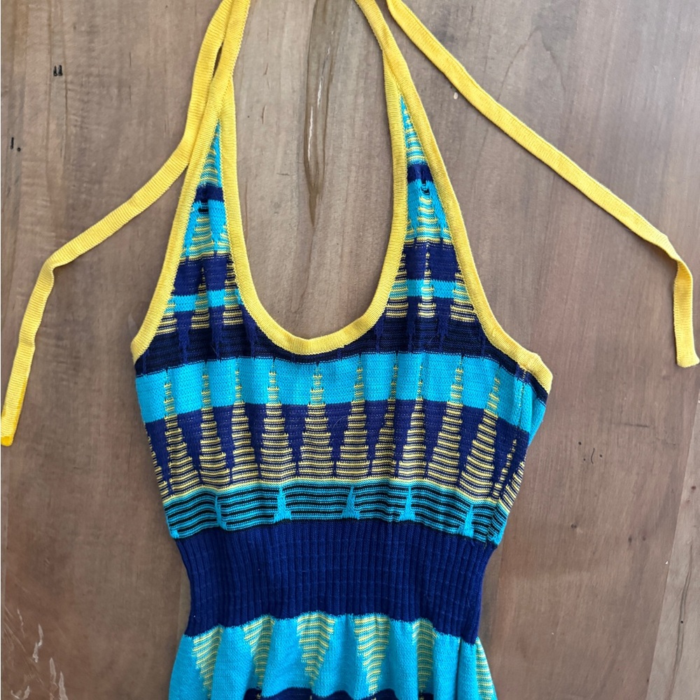 Halter Maxi Dress Blue and Yellow Geometric Print